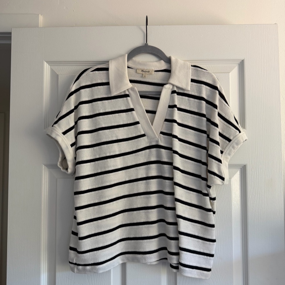 Madewell Striped Knit Polo Top - Black & White